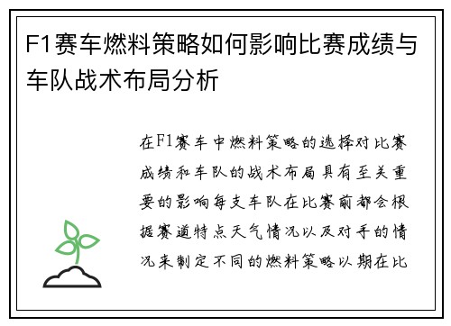 F1赛车燃料策略如何影响比赛成绩与车队战术布局分析 F1赛车燃料策略如何影响比赛成绩与车队战术布局分析