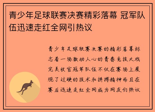 青少年足球联赛决赛精彩落幕 冠军队伍迅速走红全网引热议 青少年足球联赛决赛精彩落幕 冠军队伍迅速走红全网引热议
