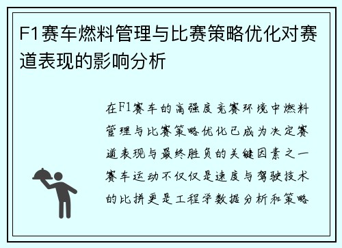 F1赛车燃料管理与比赛策略优化对赛道表现的影响分析 F1赛车燃料管理与比赛策略优化对赛道表现的影响分析