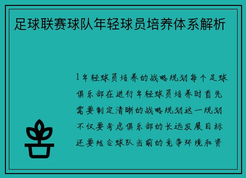 足球联赛球队年轻球员培养体系解析